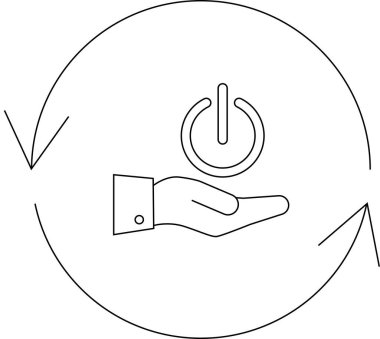 Dairesel okları olan, kontrol, enerji ve döngü süreçlerini minimalist bir tasarımla temsil eden bir güç düğmesi tutan bir el..