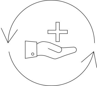 Devam eden bakım ve desteği sembolize eden, sürekli bir döngü içinde artı işareti ile temsil edilen tıbbi yardım eli.