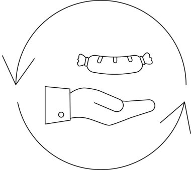 Dairesel değişim sembolü içinde sosis sunan bir el yiyecek alışverişini ya da sunmayı temsil ediyor..