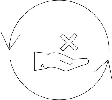 Üzerinde X sembolü olan bir el, dairesel bir okla çevrili, sürekli bir döngü içinde reddedilmeyi ya da inkarı sembolize ediyor..