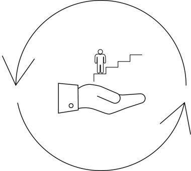 Minimalist çizgiler, bir insanın merdivenleri tırmanmasını destekleyen, dairesel bir okun içinde büyümeyi ve desteği sembolize eden bir el çizimi gösteriyor..