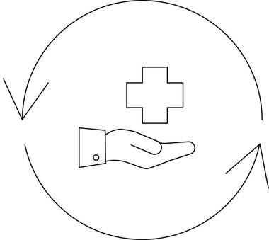 Sağlık hizmeti döngüsü ikonu, sağlık haçı tutan bir el, dairesel bir süreçte süregelen bakım ve desteği simgeliyor..