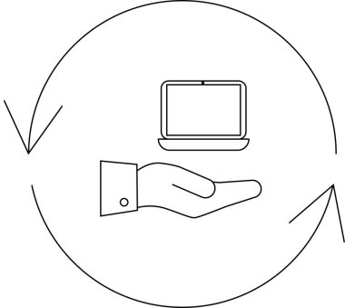 Dairesel oklarla çevrili, açık elle dinlenen bir dizüstü bilgisayarın minimalist çizgisi çizimi, teknoloji alışverişini, hizmetini veya desteğini sembolize ediyor..