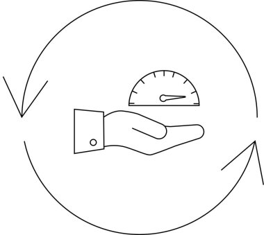 Performans yönetimini ve sürekli gelişmeyi temsil eden dairesel bir geri besleme döngüsü içinde hız göstergesi tutan bir elin canlandırması.