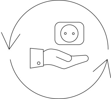 Dairesel oklarla çevrili, yenilenebilir enerji ve sürdürülebilirliği temsil eden bir elektrik prizi tutan bir el tasviri.