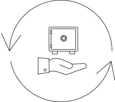Dairesel oklarla çevrili, güvenli yatırımı ve finansal döngüleri sembolize eden bir kasa tutan eli tasvir eden bir çizgi çizimi.