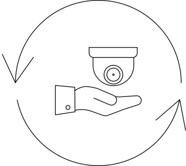 Bir elde dinlenen güvenlik kamerası, oklarla temsil edilen döngüsel bir sistem içinde koruma ve gözetlemeyi simgeliyor..