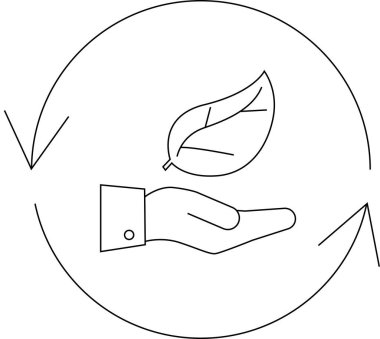 Çevresel bilinci ve çevre dostu uygulamaları temsil eden, dairesel bir ok içinde yaprak tutan bir eli temsil eden, sürdürülebilirliği sembolize eden minimalist bir sanat çizgisi..