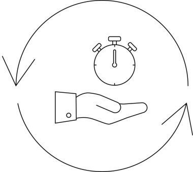 Zaman yönetimi, verimlilik ve verimliliğin kavramsal illüstrasyonu. Bir el, zamanın ve görevlerin döngüsel doğasını temsil eden dairesel oklarla çevrili bir kronometreyi tutar..