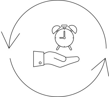 Zaman yönetiminin kavramsal çizimi, dairesel döngü içinde saati tutan bir el, zamanın ve görevlerin döngüsel doğasını sembolize eder..