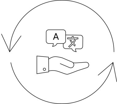 Farklı dillerde el ele tutuşan ve dairesel okla çevrili konuşma baloncuklarıyla çeviri servisi simgesi.