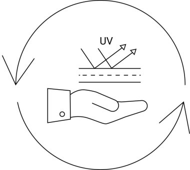 Dairesel oklarla çevrili ultraviyole ışınlardan korunan el tasviri koruma ve çevresel farkındalığı simgeliyor..