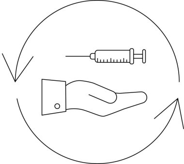 Aşı döngüsünü sembolize eden dairesel bir okun içine yerleştirilmiş bir şırınga sunan bir eli tasvir eden minimalist bir sanat çizgisi..