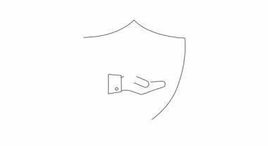 Küre, el ve belgeyle küresel koruma, güvenlik ve güvenliği simgeleyen bir kalkanın canlandırılmış simgesi. Sunumlar ve videolar için mükemmel.