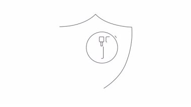 İnşaat güvenliği denetimini temsil eden çekicin üzerinde büyüteç olan bir kalkanın canlandırılmış simgesi. Kusursuz döngü.