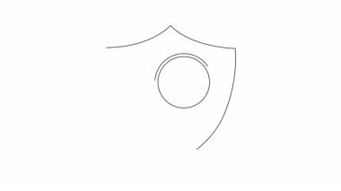 Büyüteçle kalkan ve anahtar çizgisi sanat animasyonu. Güvenlik kavramı. Vektör illüstrasyonu beyaz arkaplanda izole edildi.