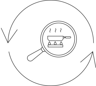 Oklarla çevrili bir tavanın üzerinde büyüteçle yemek pişirme sürecini gösteren bir çizgi çizimi..