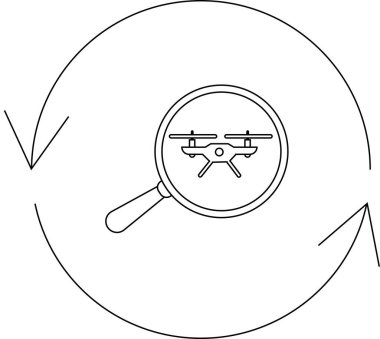 İnsansız hava aracı denetleme simgesi, büyüteç altında dairesel okların incelemeyi ya da analizi gösterdiğini gösteriyor.