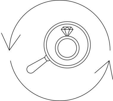 Mükemmel yüzük arayışını sembolize eden dairesel oklarla çevrili bir nişan yüzüğüne odaklanan bir büyüteç çizgisi çizimi..
