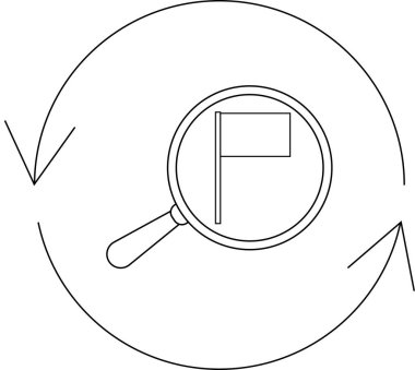 Bir büyüteç dairesel oklarla çevrili bir bayrağa odaklanır, aramayı ve tazelenmeyi sembolize eder.