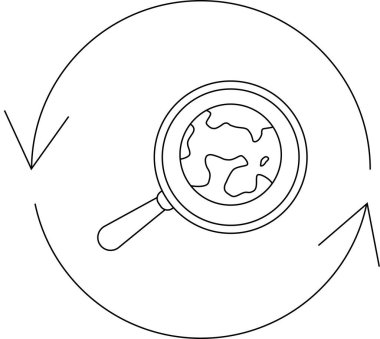 Bir büyüteç dünya haritasına odaklanır, oklarla çevrili, küresel arama, analiz ve keşfi sembolize eder..