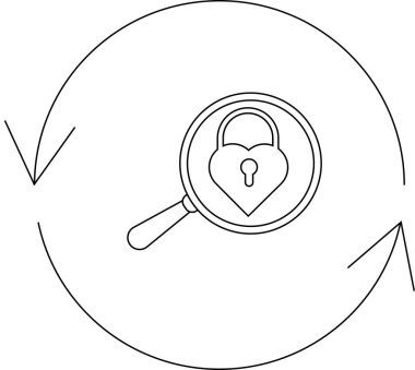 Yuvarlak oklarla çevrili büyüteç altındaki kalp şeklinde asma kilit, güvenliği ve aşkı sürekli bir döngüde sembolize eder..