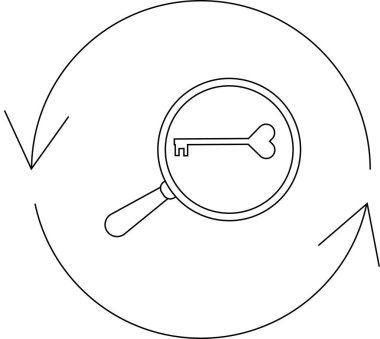 Bir büyüteç, kalp şeklinde yaylı bir anahtar ve dairesel oklar içeren bir anahtar arama simgesi.