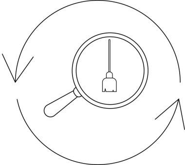 Dairesel bir okun içinde süpürge ikonu olan büyüteç temizlik, teftiş ya da temizlik arayışını temsil ediyor. Basit çizgi sanat tasarımı.