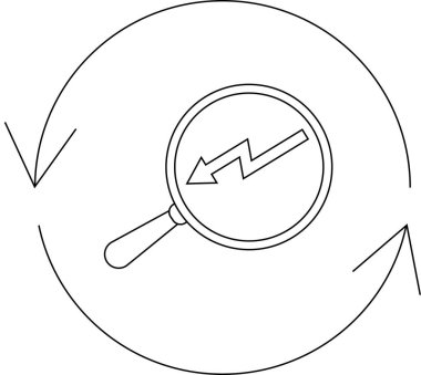 A magnifying glass focuses on a downward arrow, surrounded by a circular motion, symbolizing analysis and decline.