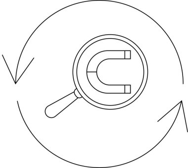 İçinde mıknatıs bulunan, dairesel oklarla çevrili bir büyüteç tasviri cazibe ve aramayı sembolize ediyor..