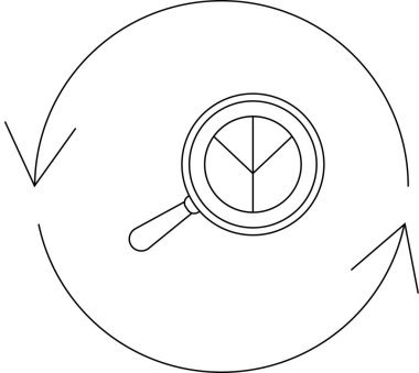 İçinde turta grafiği olan bir büyüteç, analizi ve sürekli gelişmeyi sembolize eden dairesel bir okla çevrilidir..