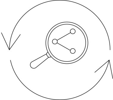 Büyüteç, bağlı bir sistemde analizi ve yinelemeyi sembolize eden dairesel bir okla çevrili ağ düğümlerini ortaya çıkarır..