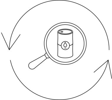 Petrol sanayiindeki analizi ve incelemeyi sembolize eden, büyüteçle incelenen bir yağ varili çizgisi çizimi..
