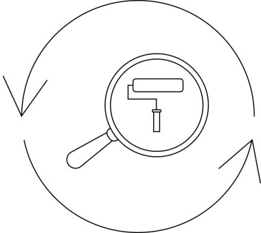 Büyüteç içinde dairesel oklarla bir boya silindiri, basit bir sanat tarzında yenileme, arama ve geliştirme kavramlarını temsil ediyor..