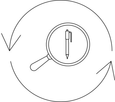 Yuvarlak oklarla büyüteç altındaki bir kalem sürekli bir döngü içinde incelemeyi, düzenlemeyi ya da analizi sembolize eder..