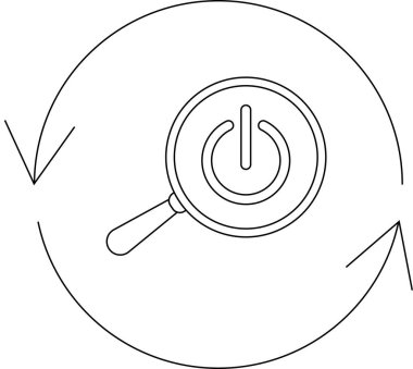 Büyüteç, arama ve yeniden başlatmayı sembolize eden, sürekli bir süreci ya da döngüyü temsil eden, dairesel bir ok içinde bir güç düğmesini çevreler..