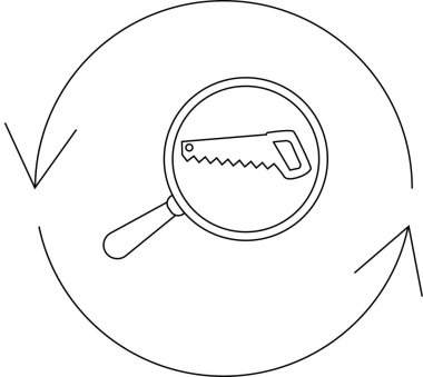 Bir büyüteç, oklarla çevrili bir testereye odaklanır, araç denetimini sembolize eder veya döngüsel bir işlem.