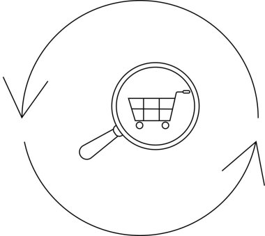 Dairesel oklu bir büyüteç içinde, e-ticaret aramasını ve online alışveriş süreçlerini temsil eden bir alışveriş arabası..