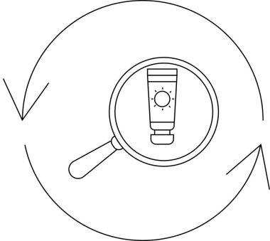 Güneş kremi tüpü büyütülmüş, dairesel oklarla çevrelenmiş, korunmayı ve güneş güvenliğinin sürekli uygulanmasını simgeliyor..
