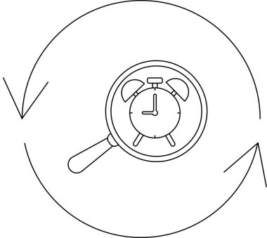 Zaman yönetimini tasvir eden siyah beyaz bir illüstrasyon, saatin üzerinde büyüteç, odak ve verimliliği sembolize eden,.