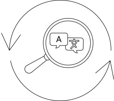 Çeviri ve dil öğrenme kavramı, dairesel oklarla çevrili farklı dil sembollü konuşma baloncuklarına odaklanan bir büyüteçle temsil edilir..