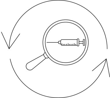 Aşı araştırma ve geliştirmeyi sembolize eden dairesel bir okla çevrili şırıngaya odaklanan bir büyüteç çizimi.
