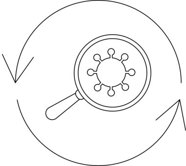 Dairesel oklarla büyüteç altında araştırma, analiz ve devam eden bilimsel araştırma döngüsünü sembolize eden bir virüs..