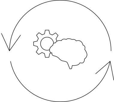 Dairesel bir ok döngüsü içinde sürekli bir düşünce ve yenilik döngüsünü temsil eden beyin ve dişli ikonu tasviri.