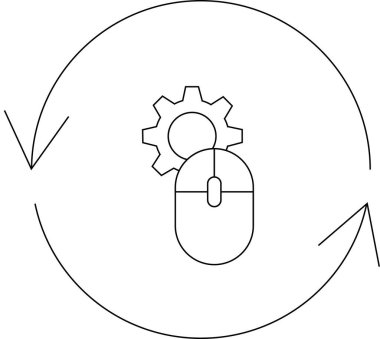Bir bilgisayar fare ve dişli simgesi dairesel oklarla çevrilidir, süreci veya otomasyonu sembolize eder.