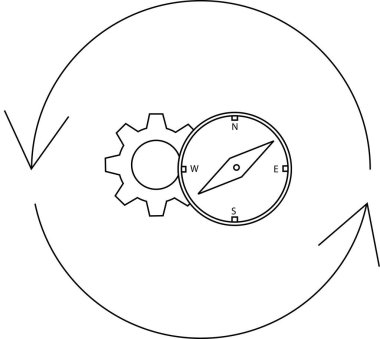 Bir dişli ve pusula dairesel bir hareketle tasvir edilir, navigasyonu, ilerlemeyi ve mekanik ve yönün etkileşimini sembolize eder..