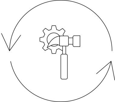 Dairesel oklarla çevrili bir dişli ve çekiç tasviri. Onarım, bakım veya sürekli gelişim sürecini sembolize ediyor..