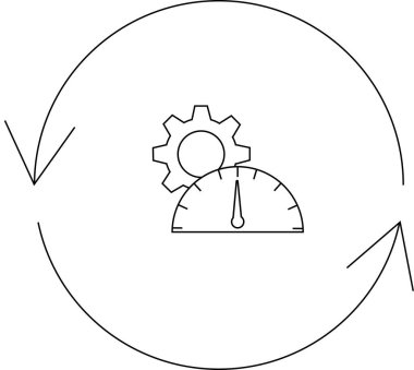 Bu illüstrasyon vites ve hız göstergesi ile performans optimizasyon döngüsünü gösterir. Süreçlerde sürekli iyileşme ve verimliliği temsil eder..