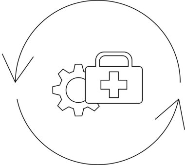 Dairesel bir ok içinde bir dişli ve ilk yardım çantasının yer aldığı, teknik destek ve bakımı temsil eden sembolik bir simge.