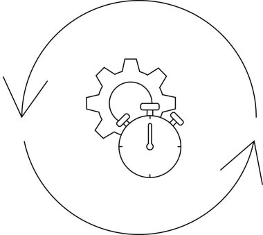 Basit bir çizgi sanat simgesi süreç optimizasyonunu tasvir ediyor, bir dişli, kronometre ve dairesel oklar içeriyor.